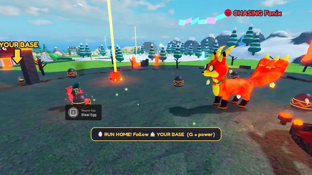 Pet Heist gameplay: a player runs home with a stolen Magma Egg while a giant fire fox guardian chases them