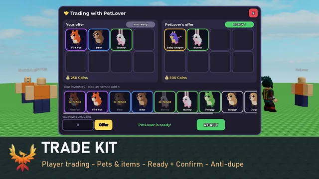 Trade Kit: a Roblox trade window with both players' pet offers, Ready and Confirm buttons