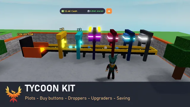 Tycoon Kit: droppers, conveyor, upgraders and a collector on a Roblox tycoon plot